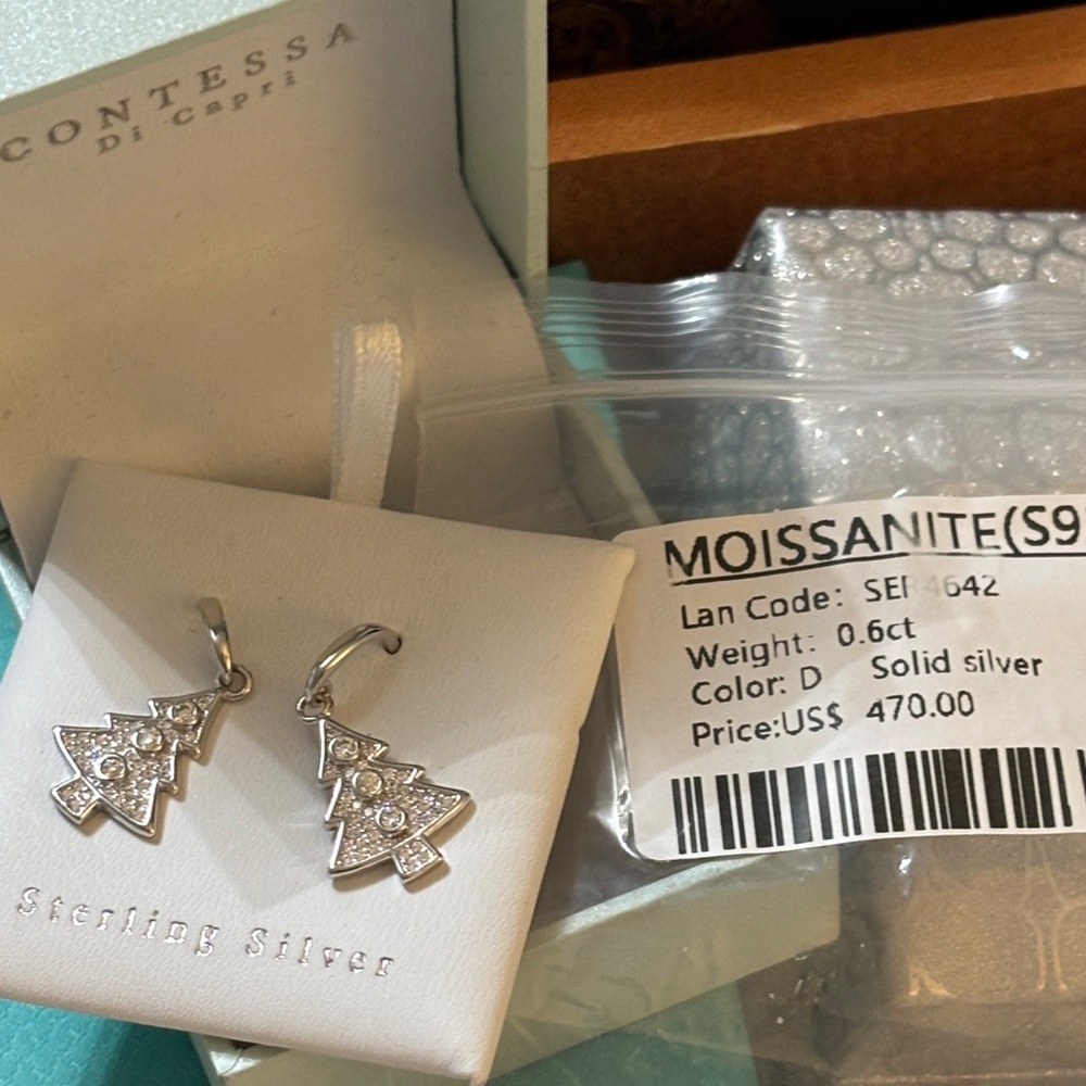 Moissanite pure silver 925D in color, solid silver Christmas tree earrings - Picture 4 of 7